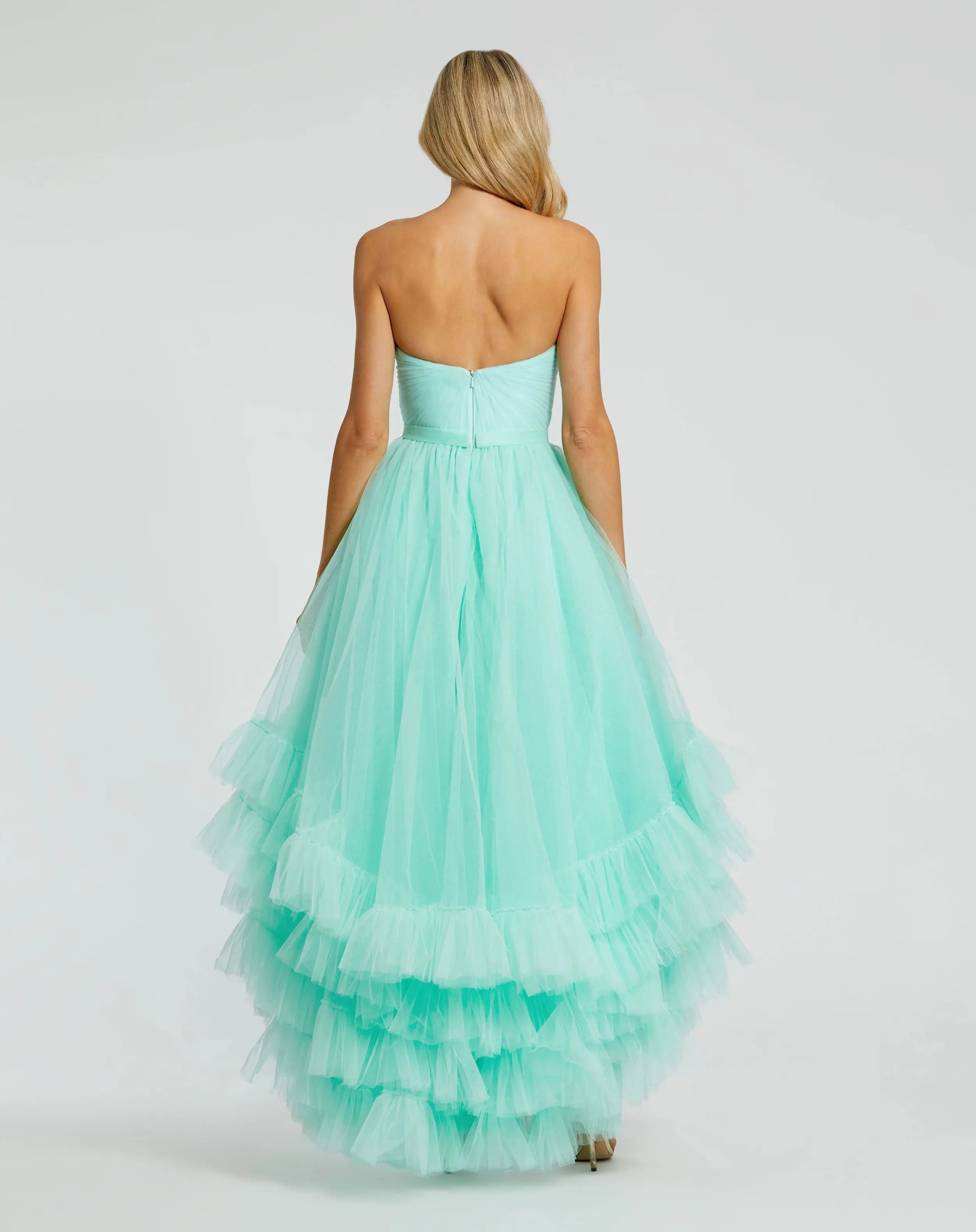 Green Strapless Ruched Sweetheart Ruffle High Low Gown