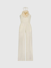 Ivory Halter Neck Crepe Jumpsuit With 3D Flower