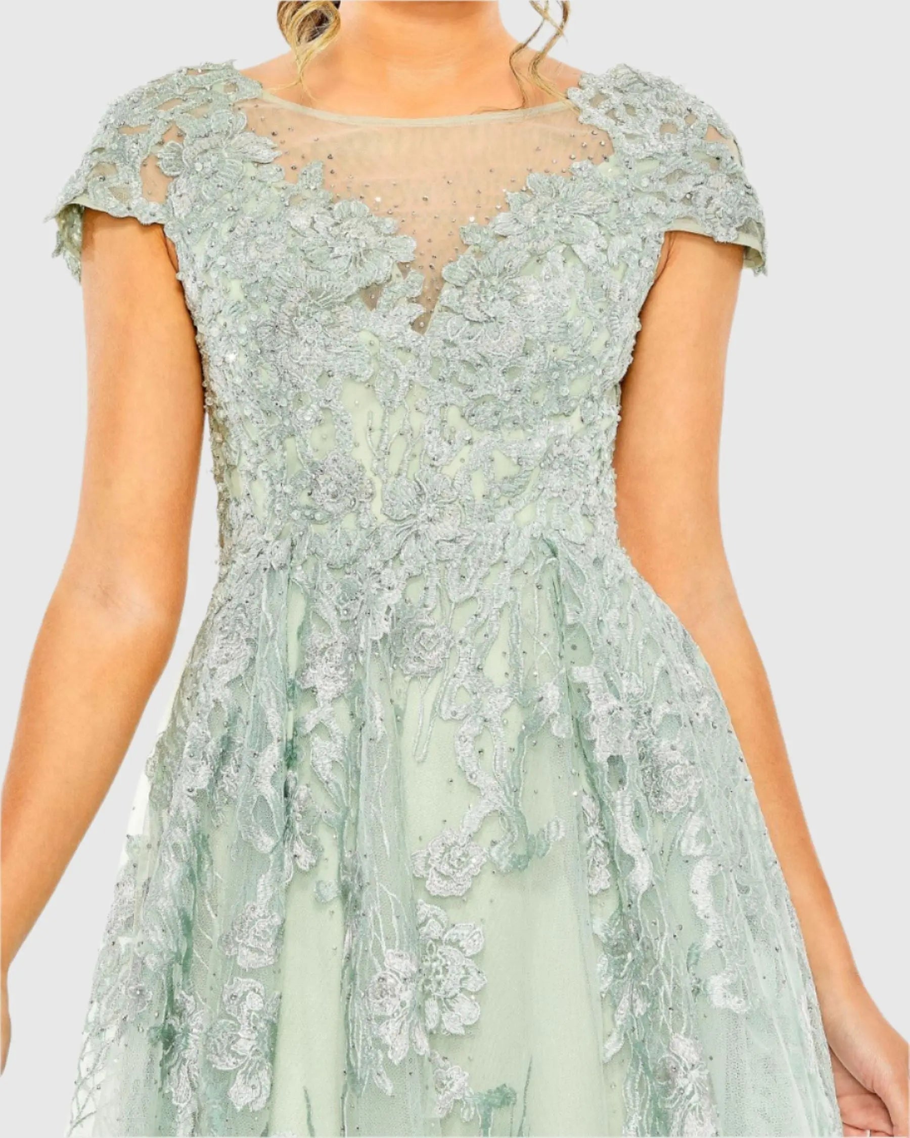 Green Embroidered Cap Sleeve A Line Dress