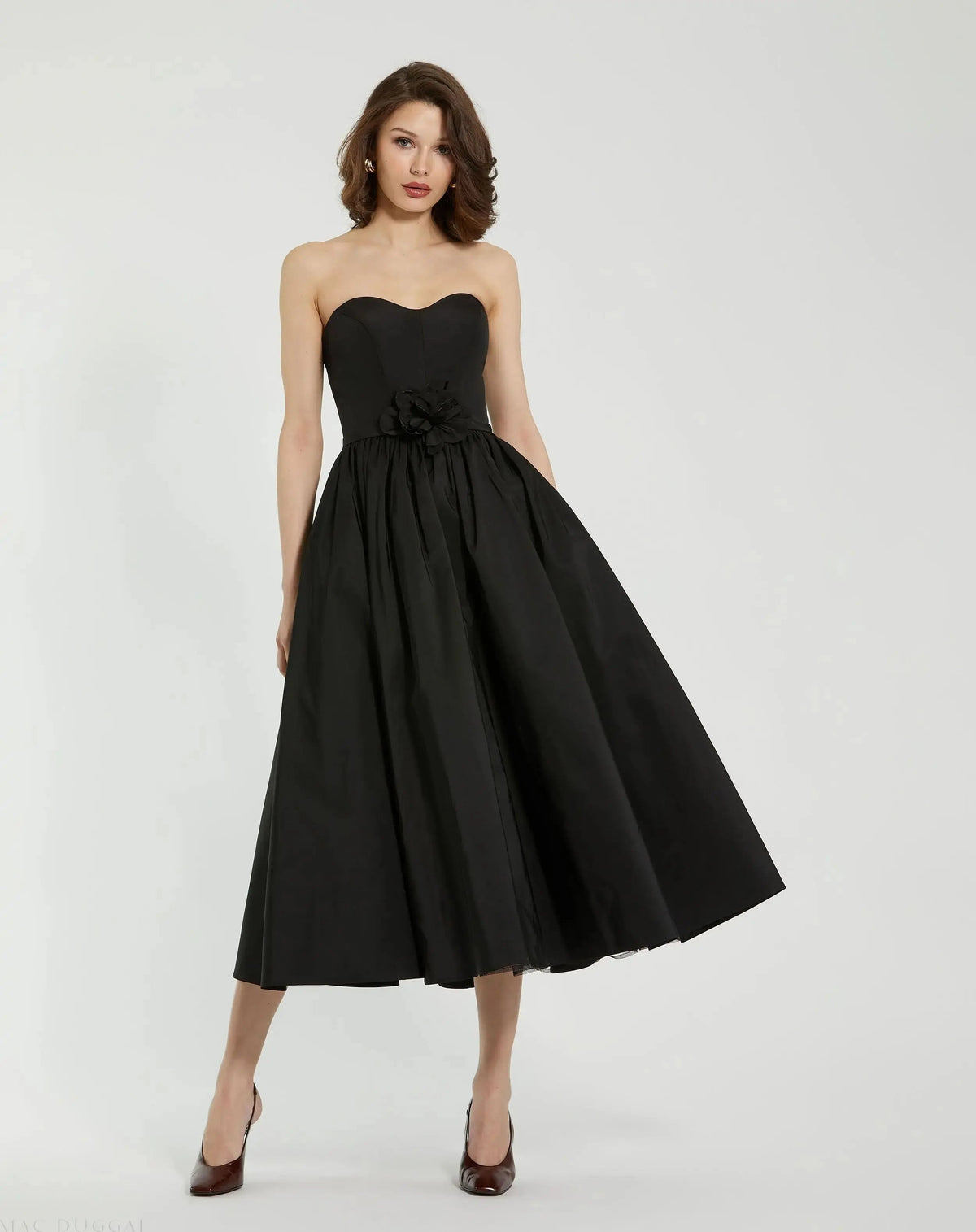 Black Faille Strapless A Line Midi Dress With 3D Rose