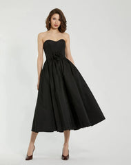 Black Faille Strapless A Line Midi Dress With 3D Rose