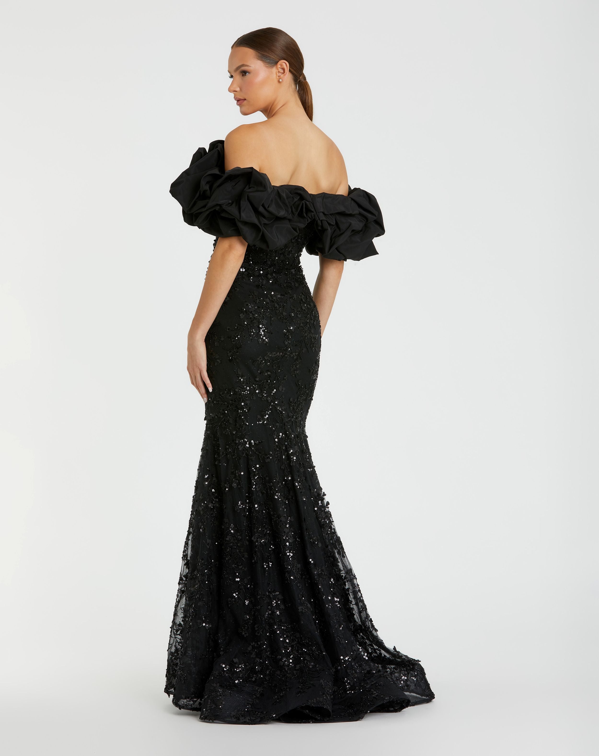 Black Beaded Mermaid Gown With Off The Shoulder Ruffle