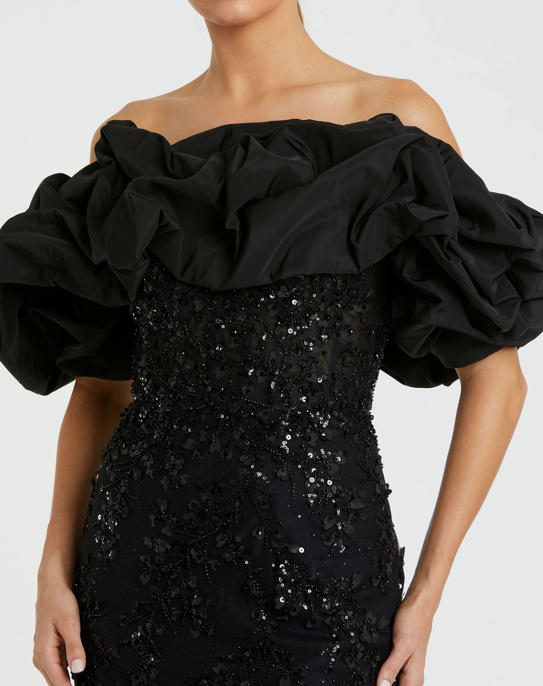 Black Beaded Mermaid Gown With Off The Shoulder Ruffle