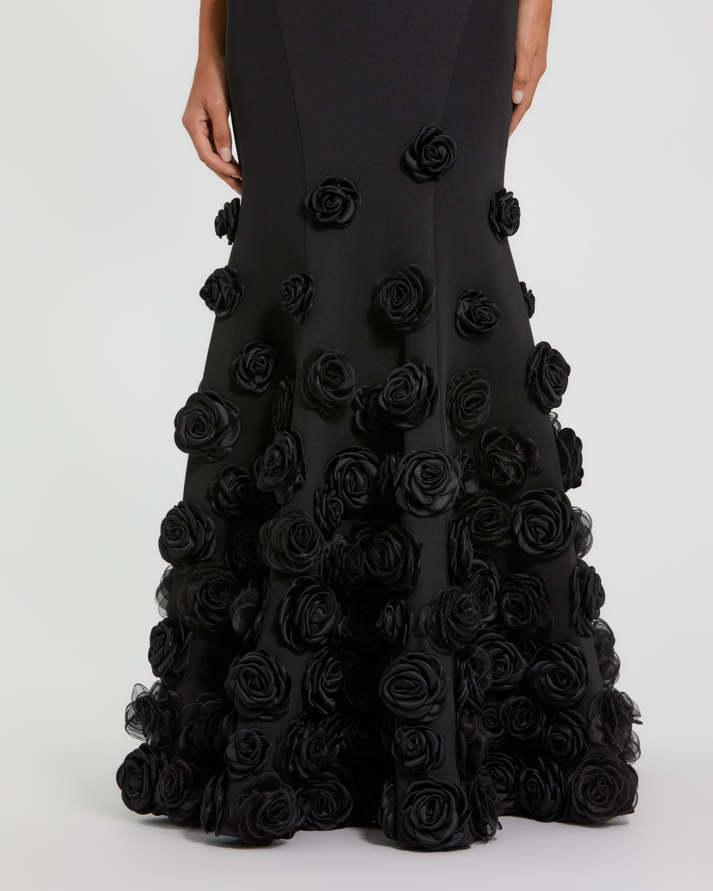 Black Sleeveless Crepe Mermaid Gown with 3D Floral Hem