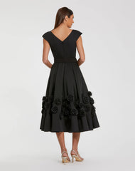 Black Satin Cap Sleeve A Line Midi Dress With 3D Flowers