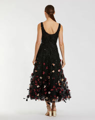 Black Sleeveless Beaded Midi Dress With 3D Flowers