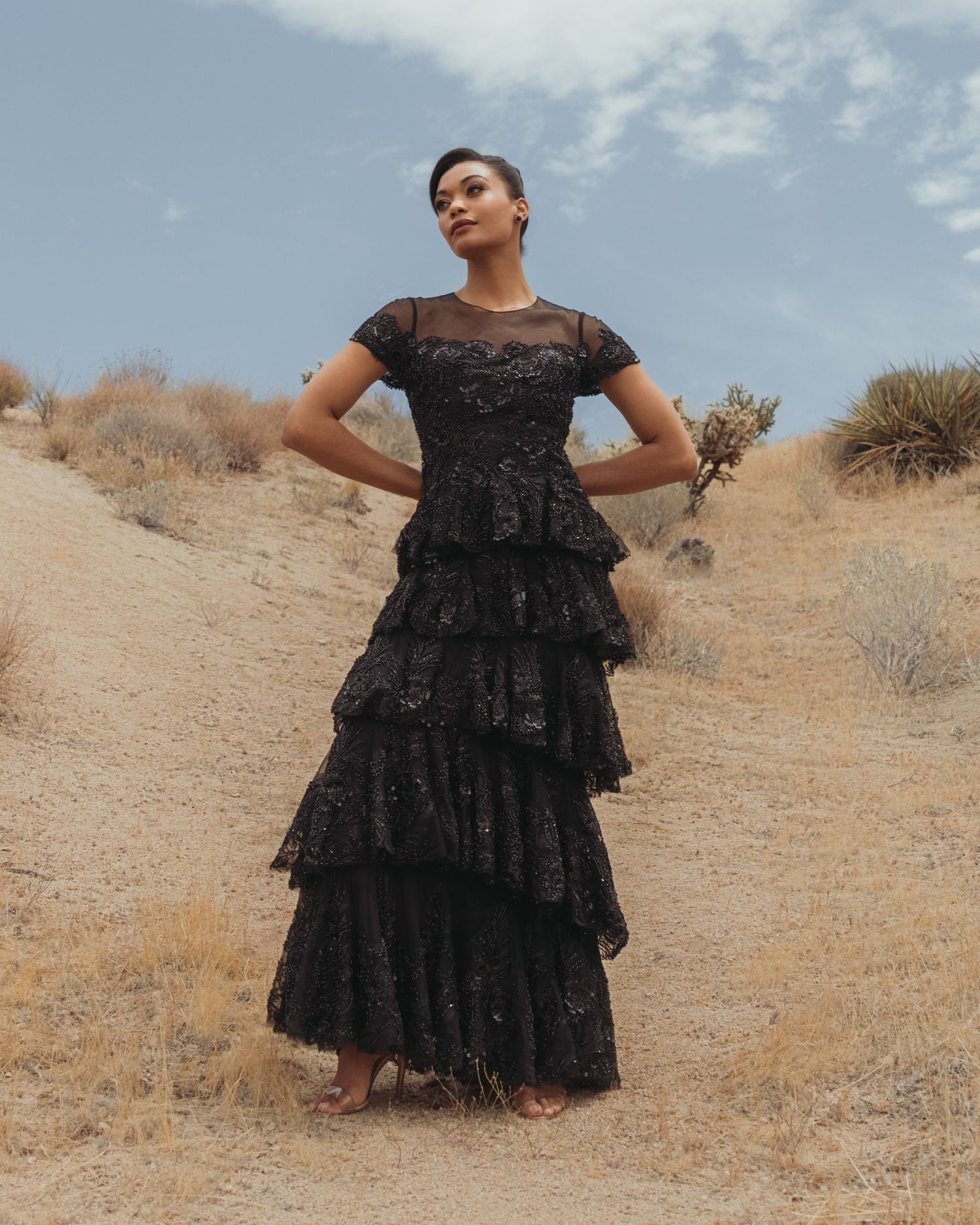 Black Short Sleeve Tiered Evening Gown with Embellishments