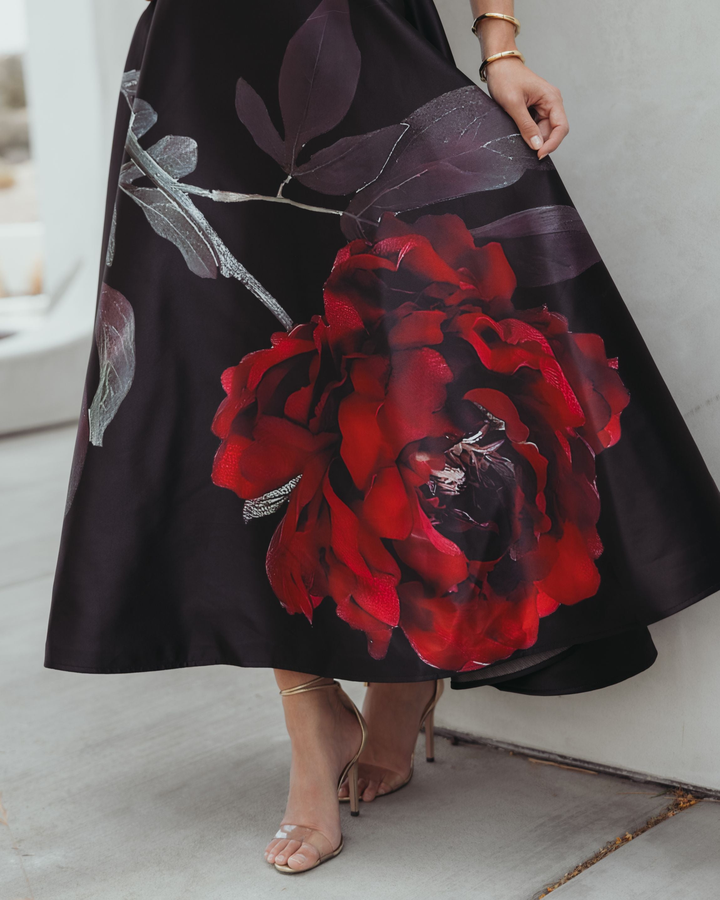 Black Crepe Printed Strapless Midi Dress With Pockets