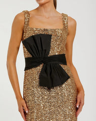 Gold Sequin Square Neck Column Gown With Faille Bow