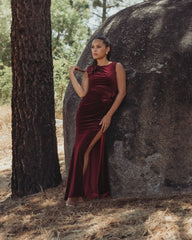 Dark Red High Neck Velvet Column Gown With 3D Flowers