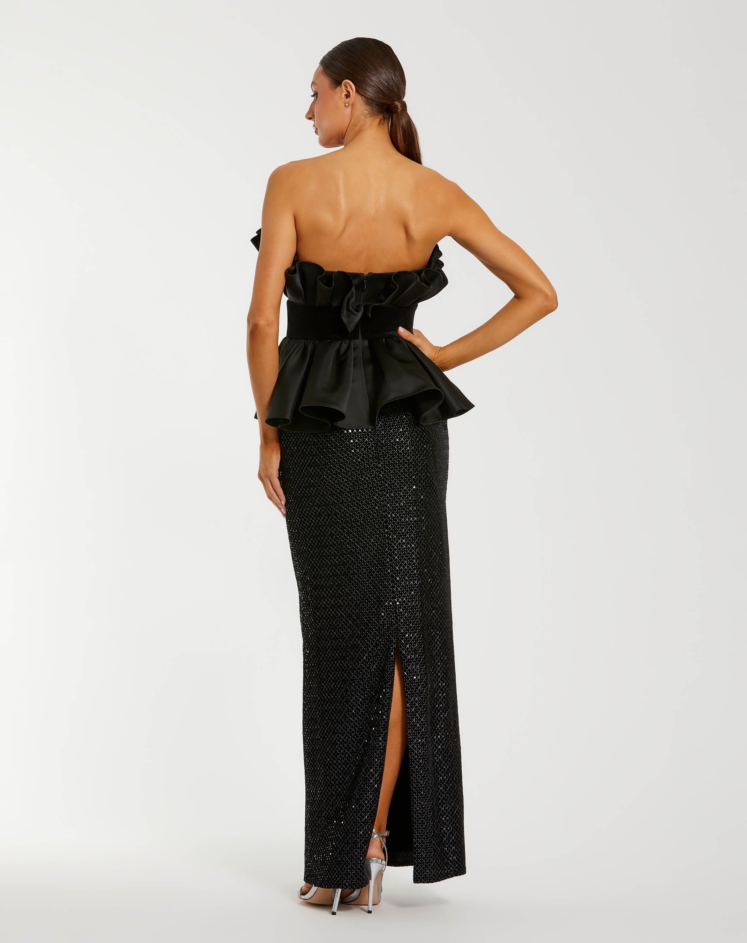 Black Strapless Satin Peplum Sequin Column Gown