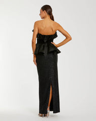 Black Strapless Satin Peplum Sequin Column Gown