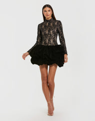 Black Mock Neck Long Sleeve Lace And Velvet Mini Dress