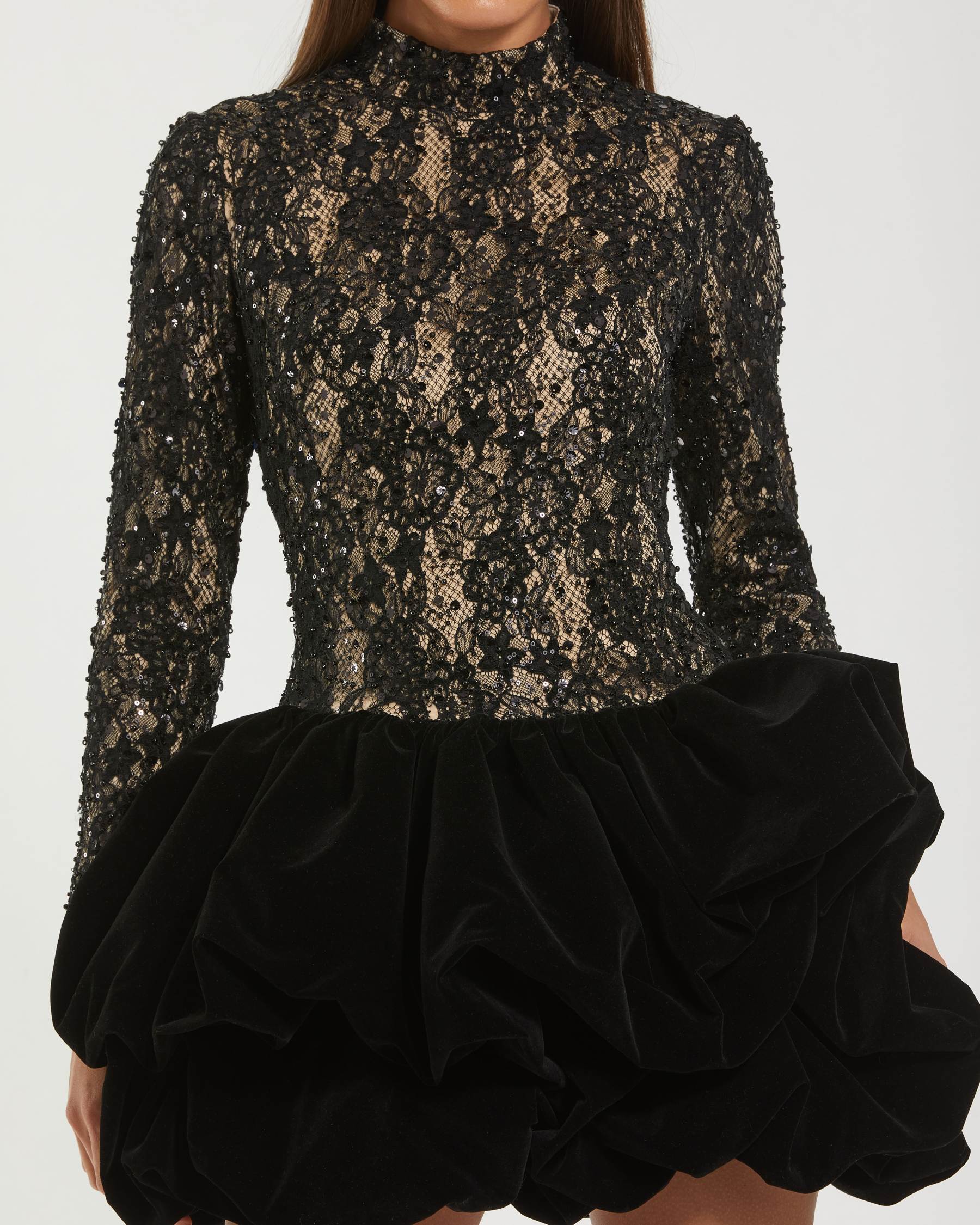 Black Mock Neck Long Sleeve Lace And Velvet Mini Dress