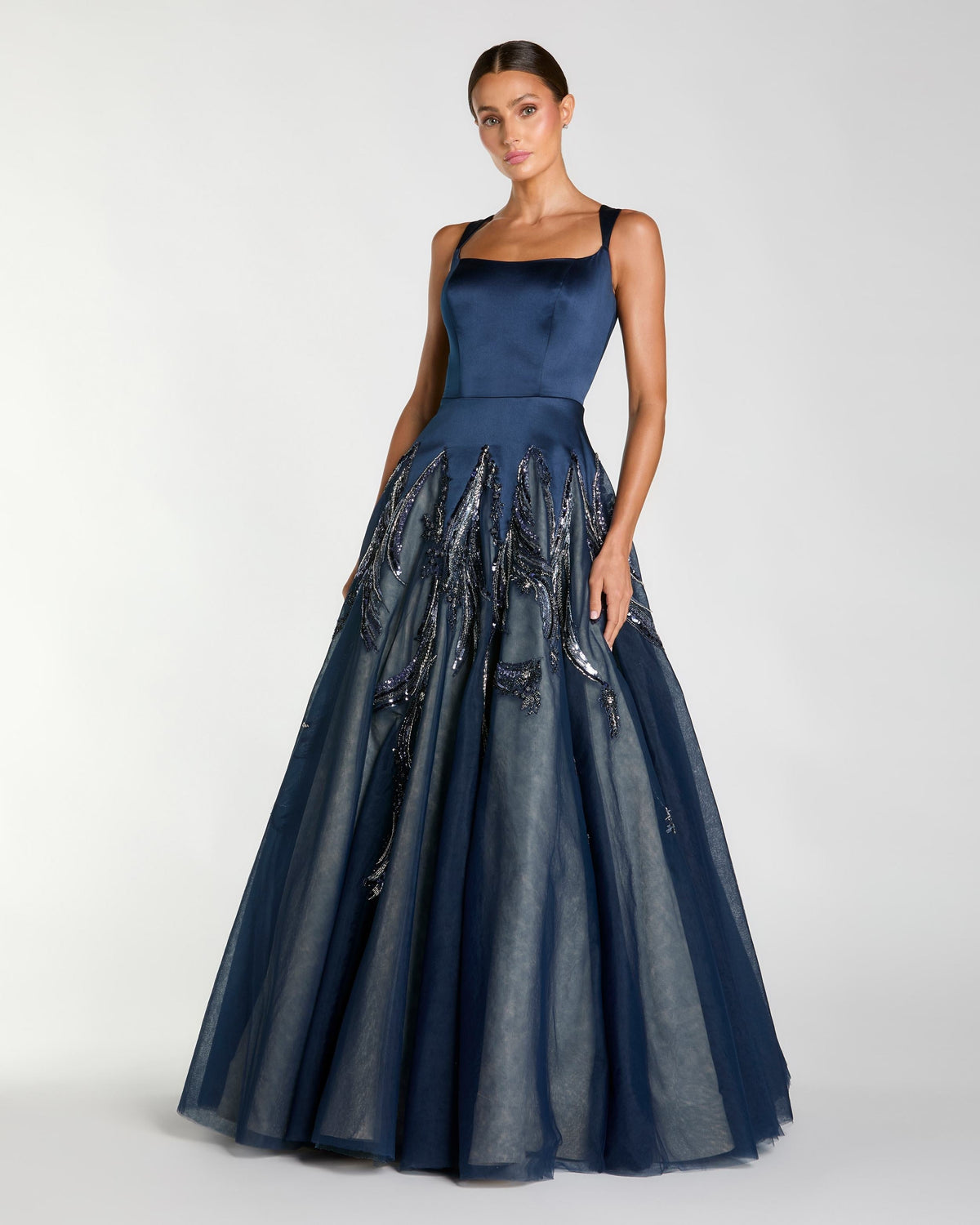 Navy Embellished Satin Ball Gown With Tulle Skirt