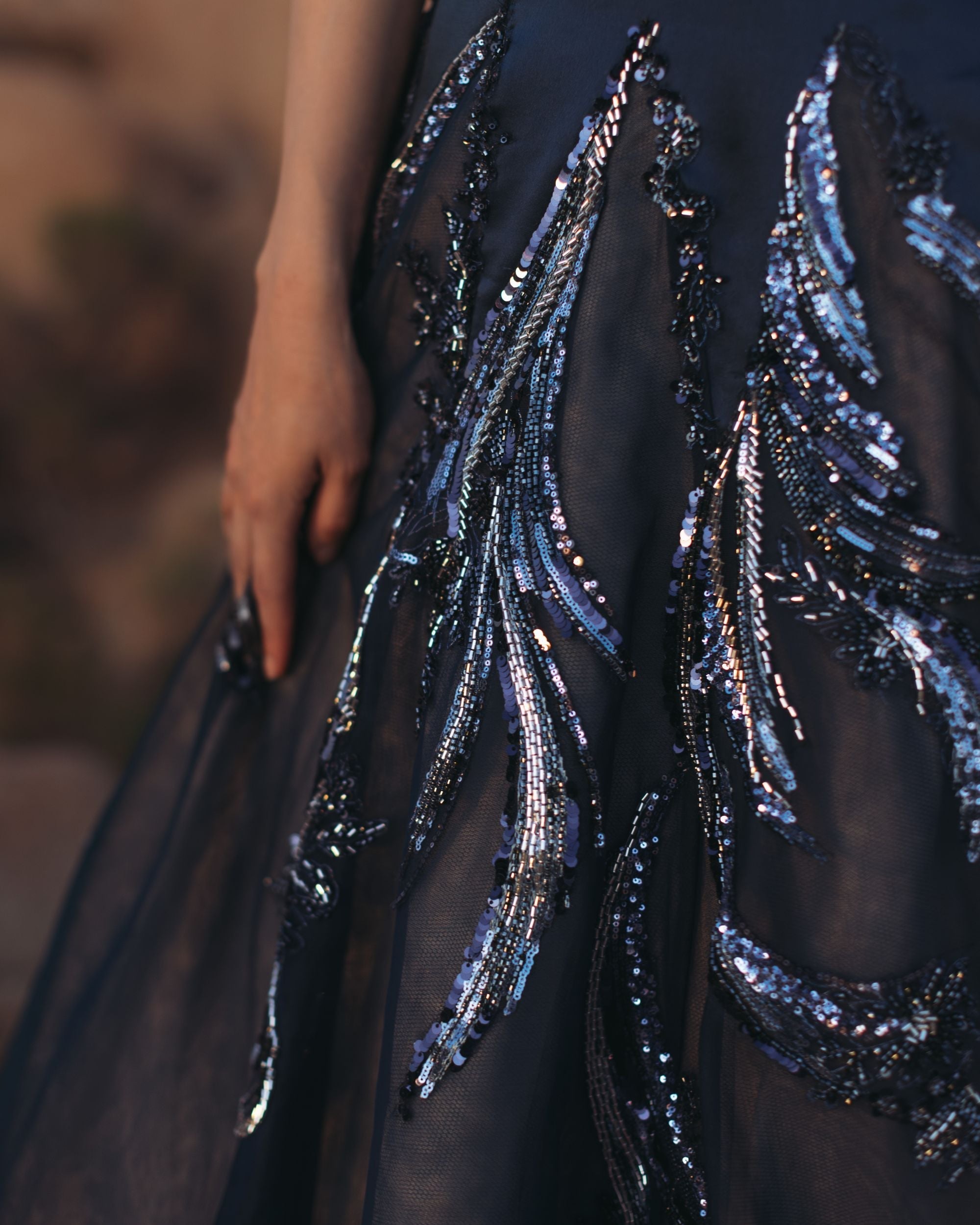 Navy Embellished Satin Ball Gown With Tulle Skirt