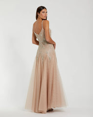 Beige Slim Strap Embellished Bustier Gown