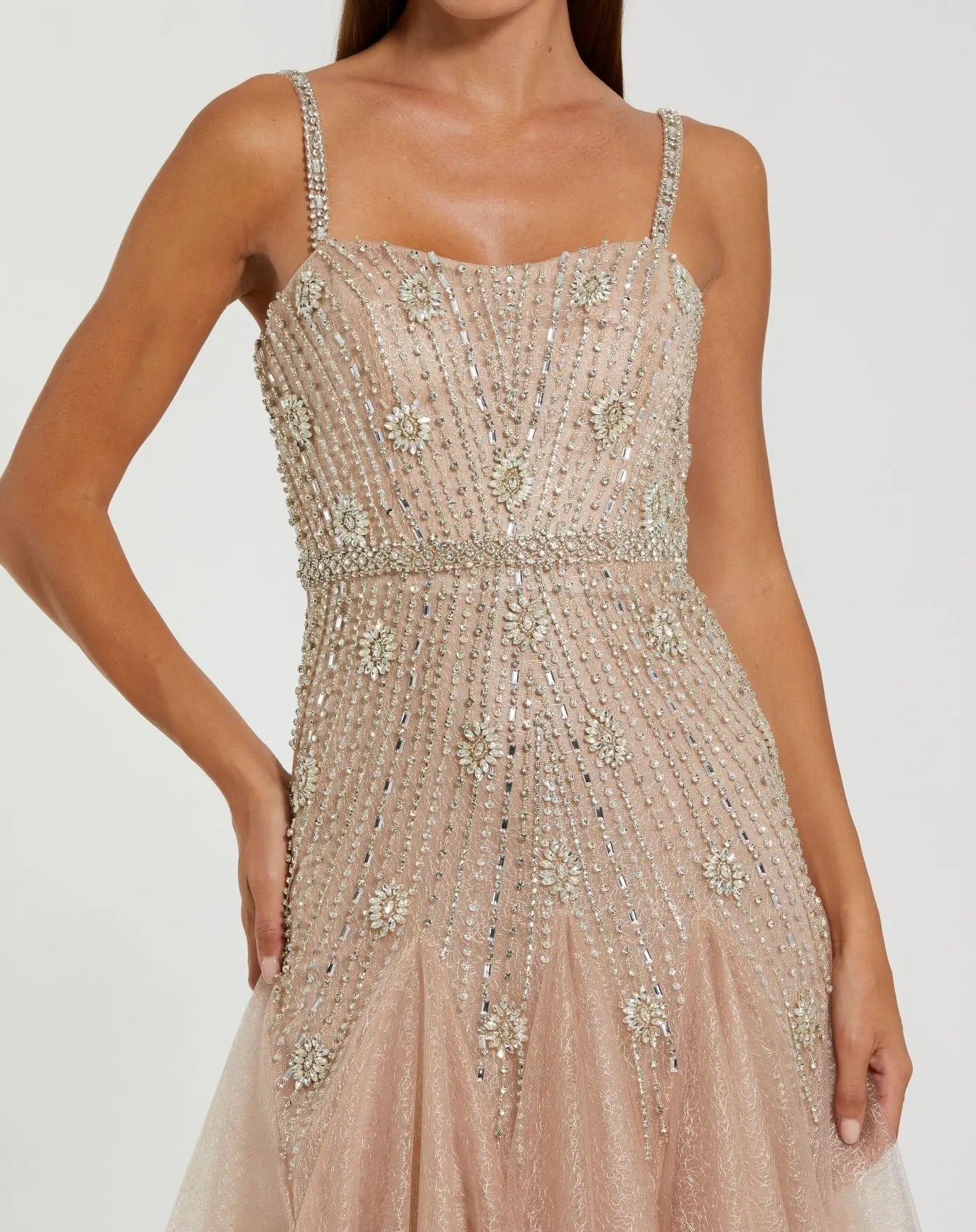 Beige Slim Strap Embellished Bustier Gown