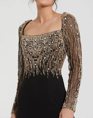 Black Beaded Square Neck Long Sleeve Jersey Gown