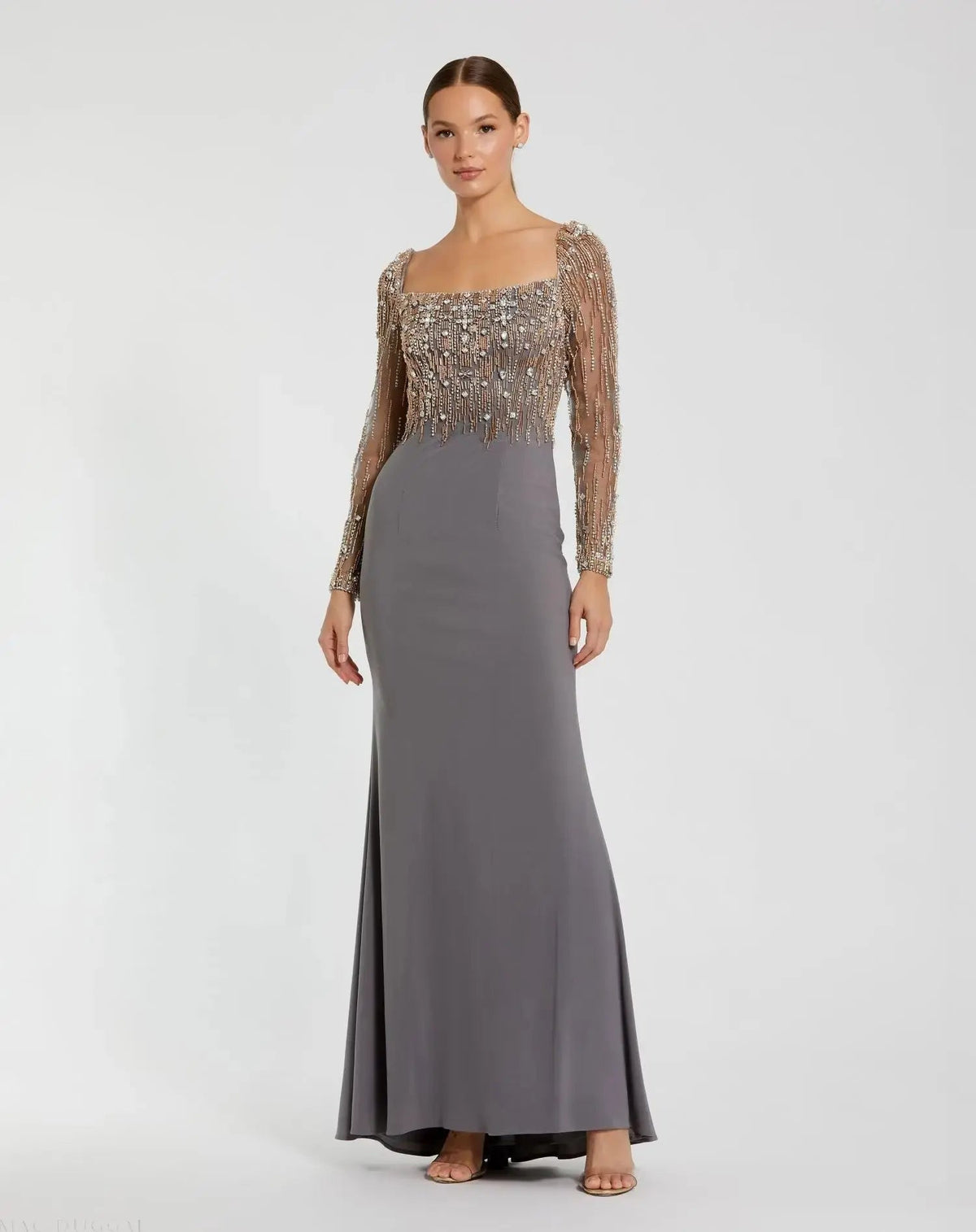 Gray Beaded Square Neck Long Sleeve Jersey Gown