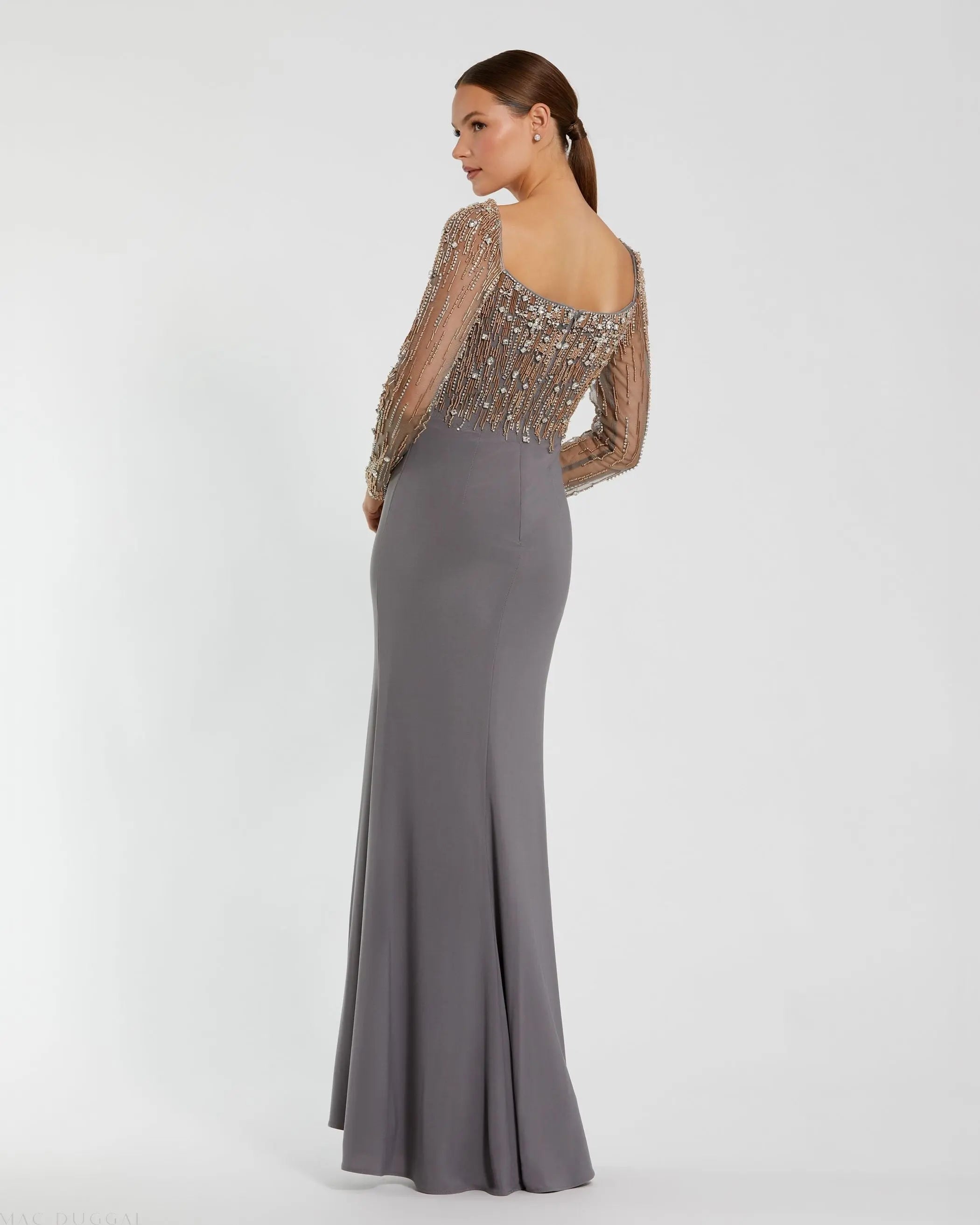 Gray Beaded Square Neck Long Sleeve Jersey Gown