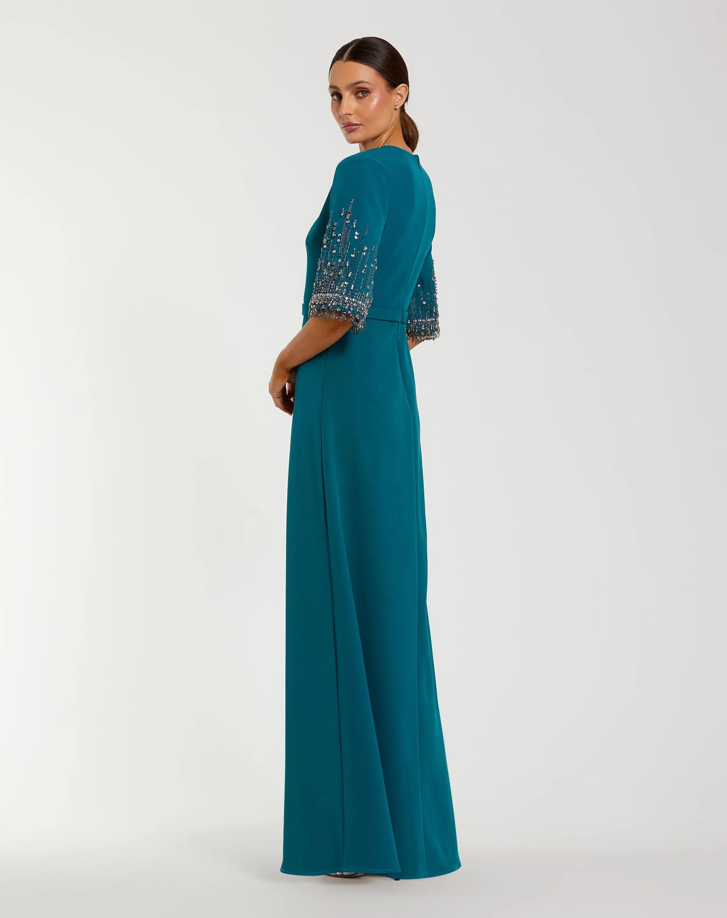 Blue Crepe A Line Gown with Beaded 3/4 Sleeves