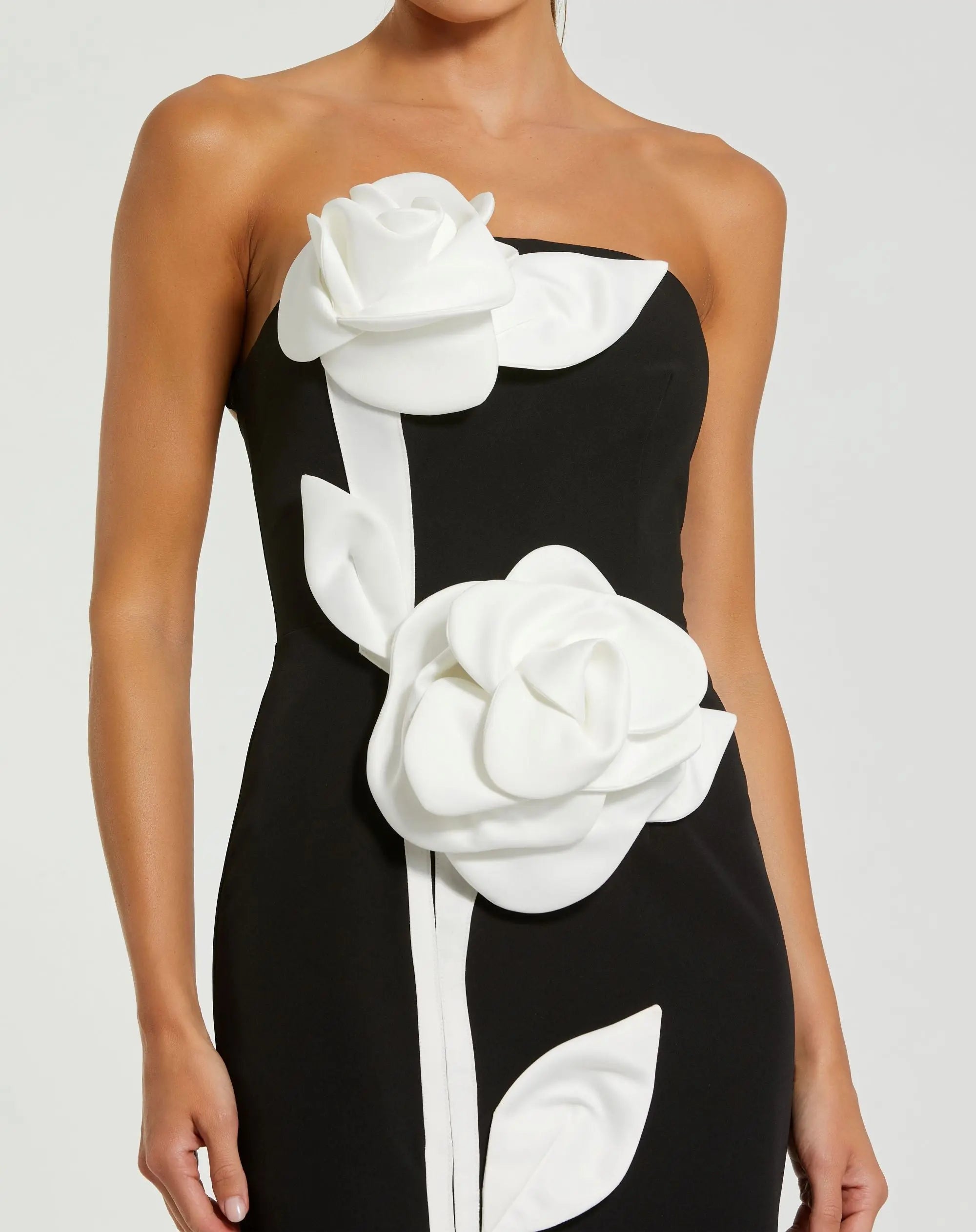 Black Strapless Crepe Dress With 3D Satin Flowers