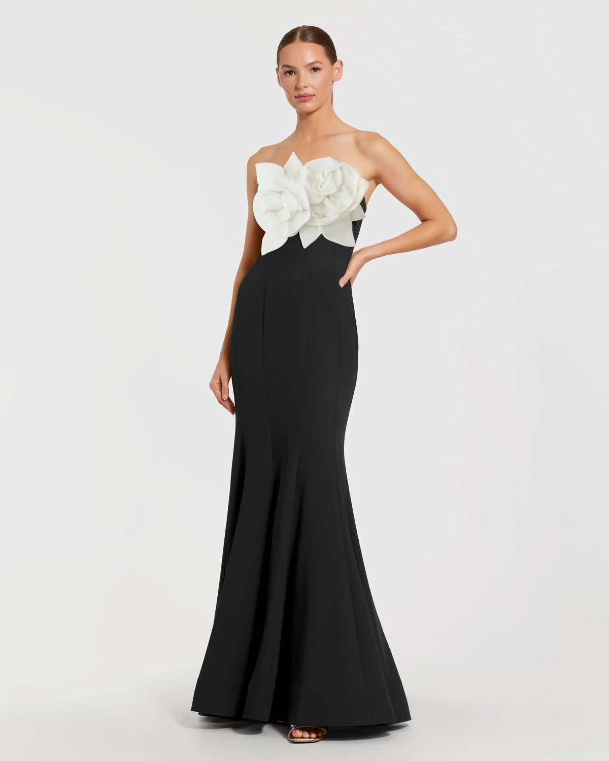 Strapless Crepe Mermaid Gown With 3D Flowers