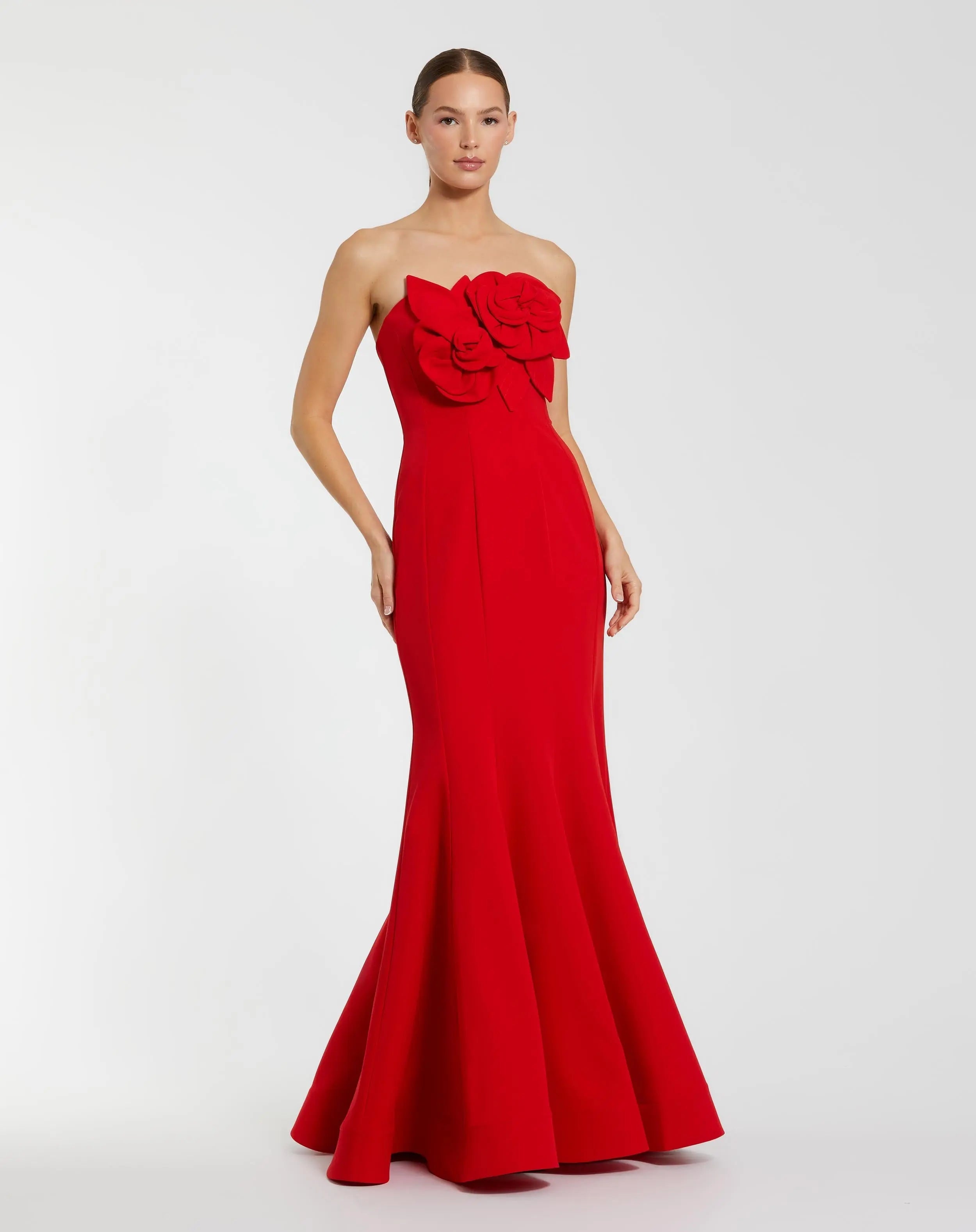 Strapless Crepe Mermaid Gown With 3D Flowers