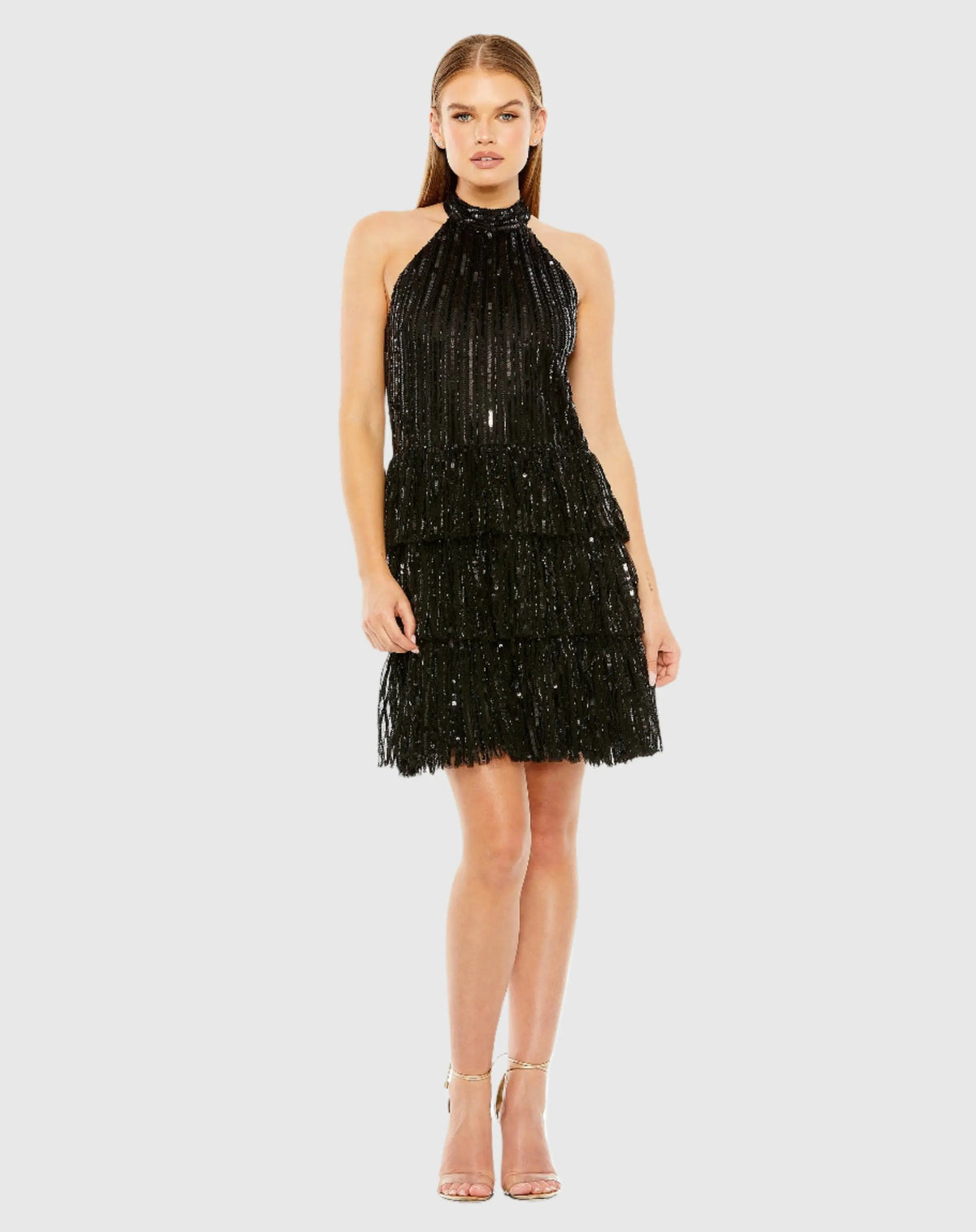 Black High Neck A-Line Ruffle Sequin Mini Dress
