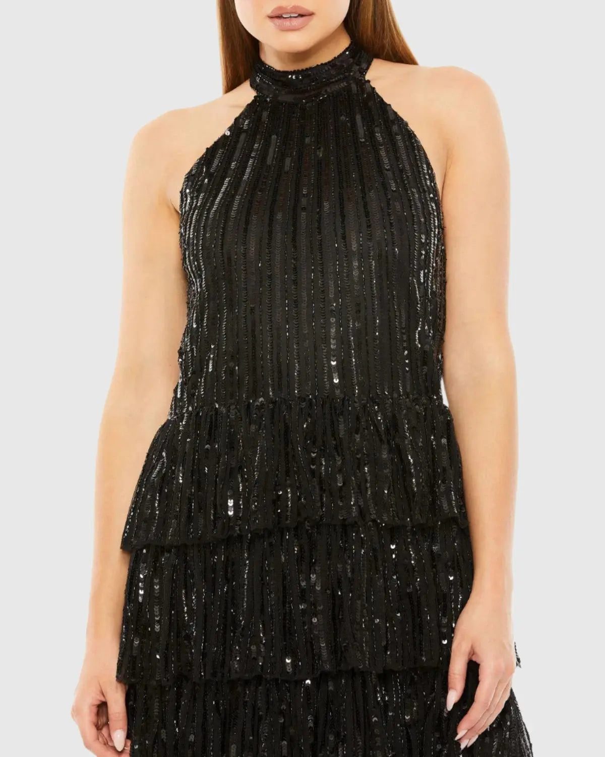 Black High Neck A-Line Ruffle Sequin Mini Dress