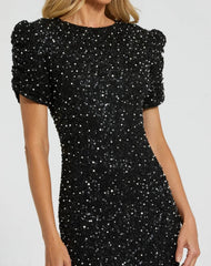 Black Gathered Short Sleeve Embellished Gown