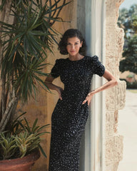 Black Gathered Short Sleeve Embellished Gown