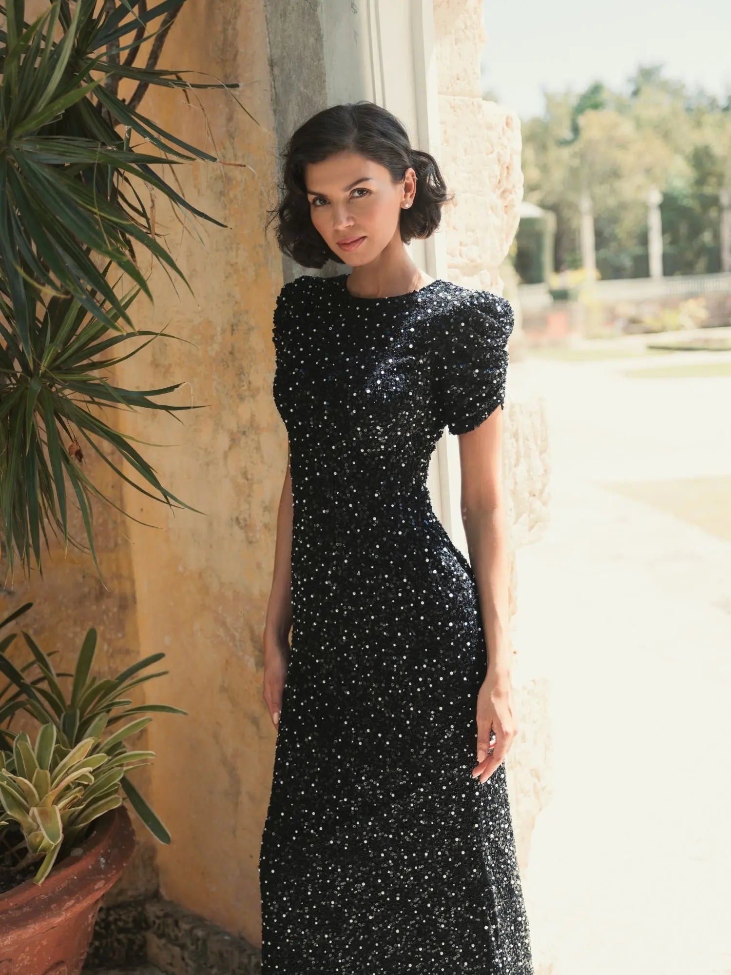 Black Gathered Short Sleeve Embellished Gown