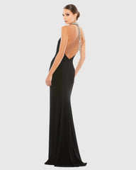 Black Beaded Halter Jersey Gown