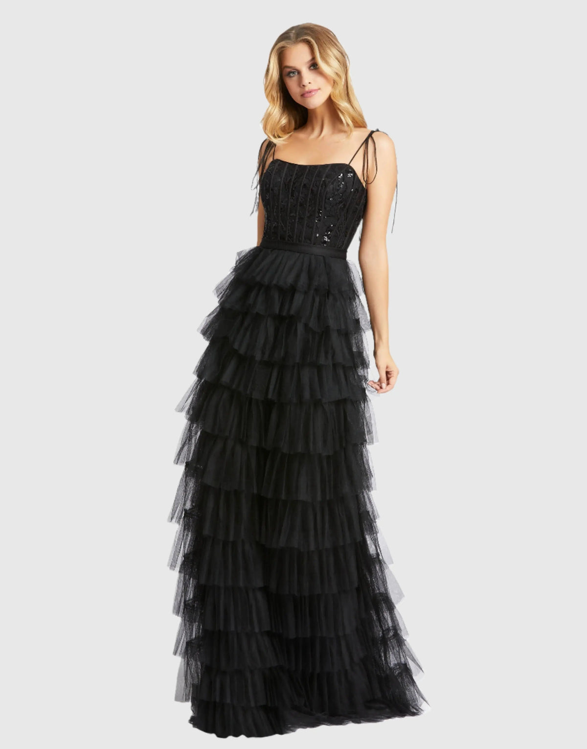 Black Sequined Bustier Tiered Ruffle Gown