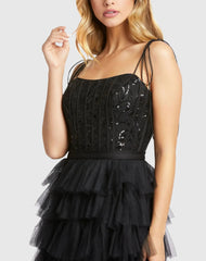 Black Sequined Bustier Tiered Ruffle Gown