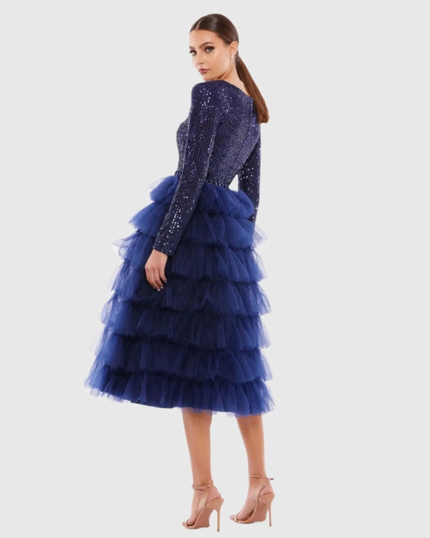Navy Long Sleeve Ruffle Tiered Midi Dress