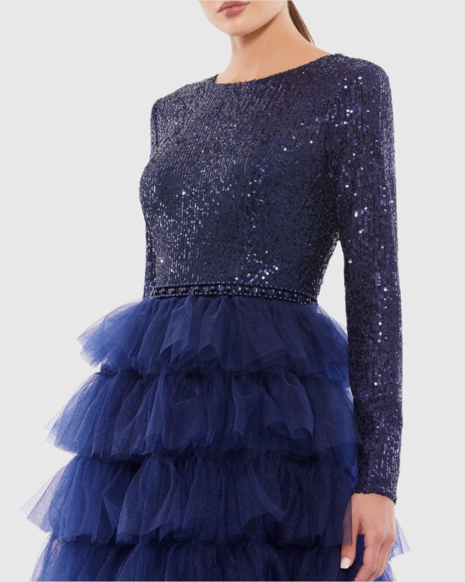 Navy Long Sleeve Ruffle Tiered Midi Dress