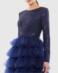 Navy Long Sleeve Ruffle Tiered Midi Dress