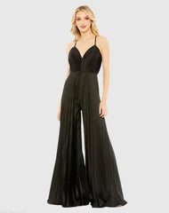 Black Pleated Plunge Neck Wide Leg Jumpsuit
