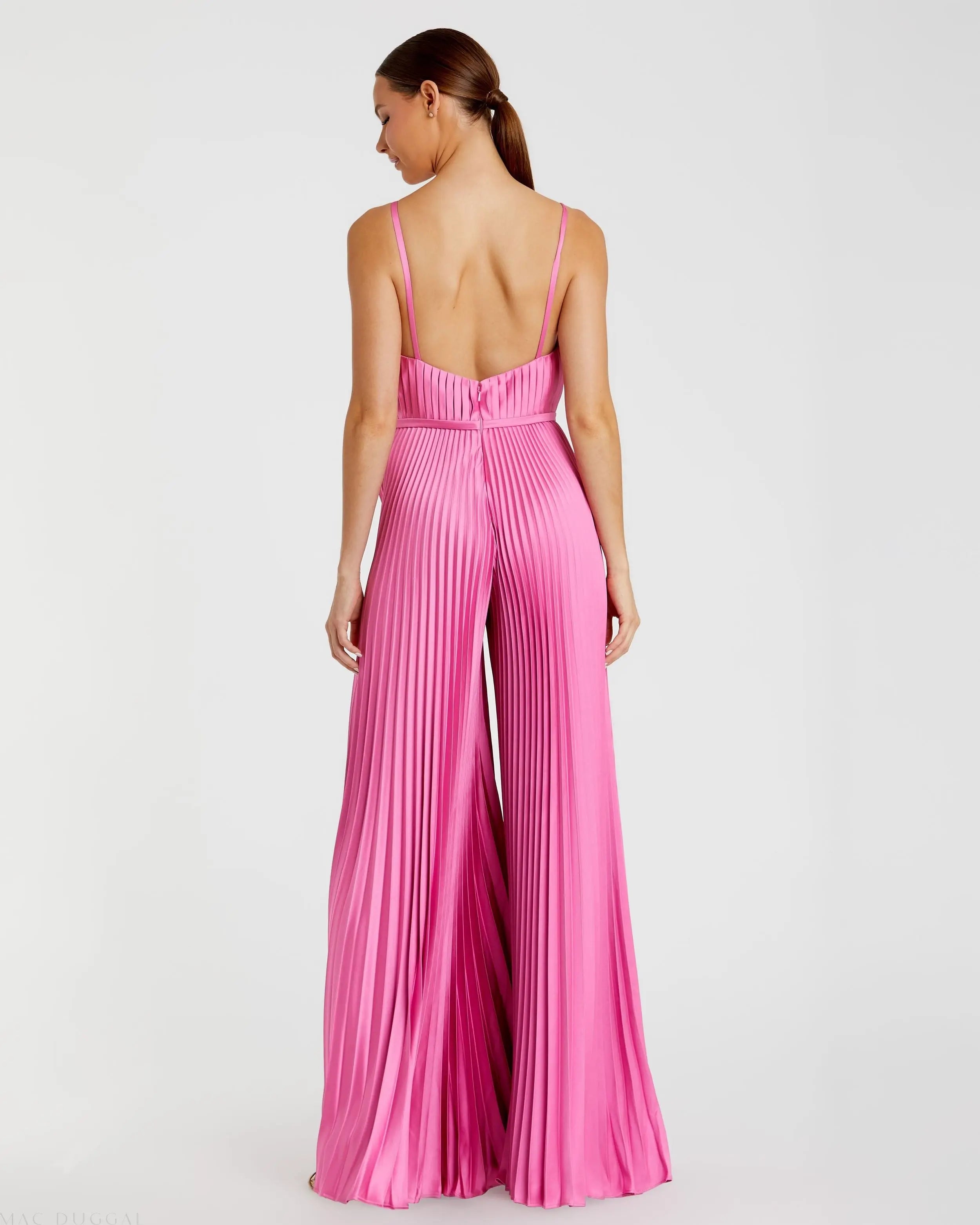 Pink Pleated Plunge Neck Wide Leg Jumpsuit