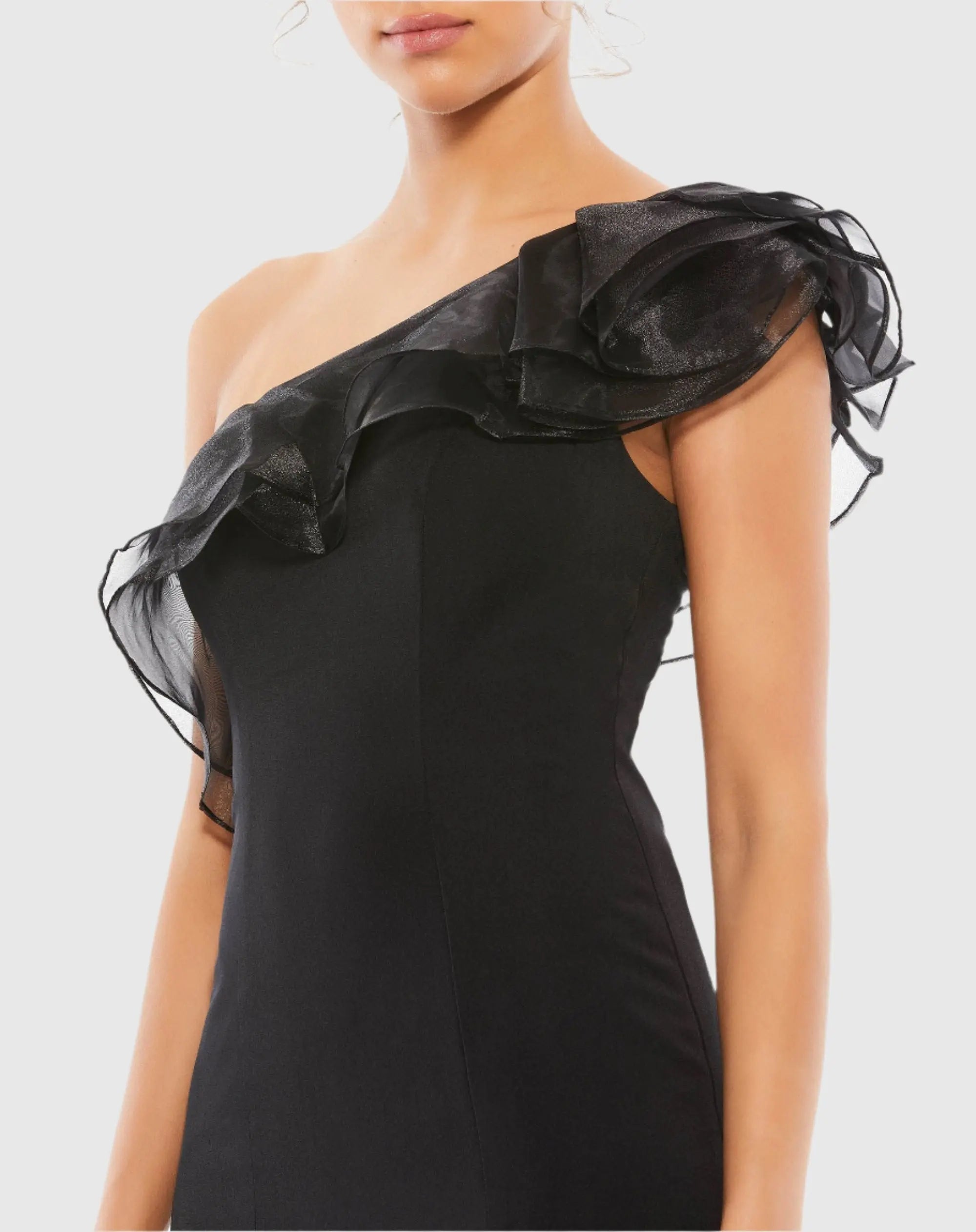 Black One Shoulder Ruffle Evening Gown