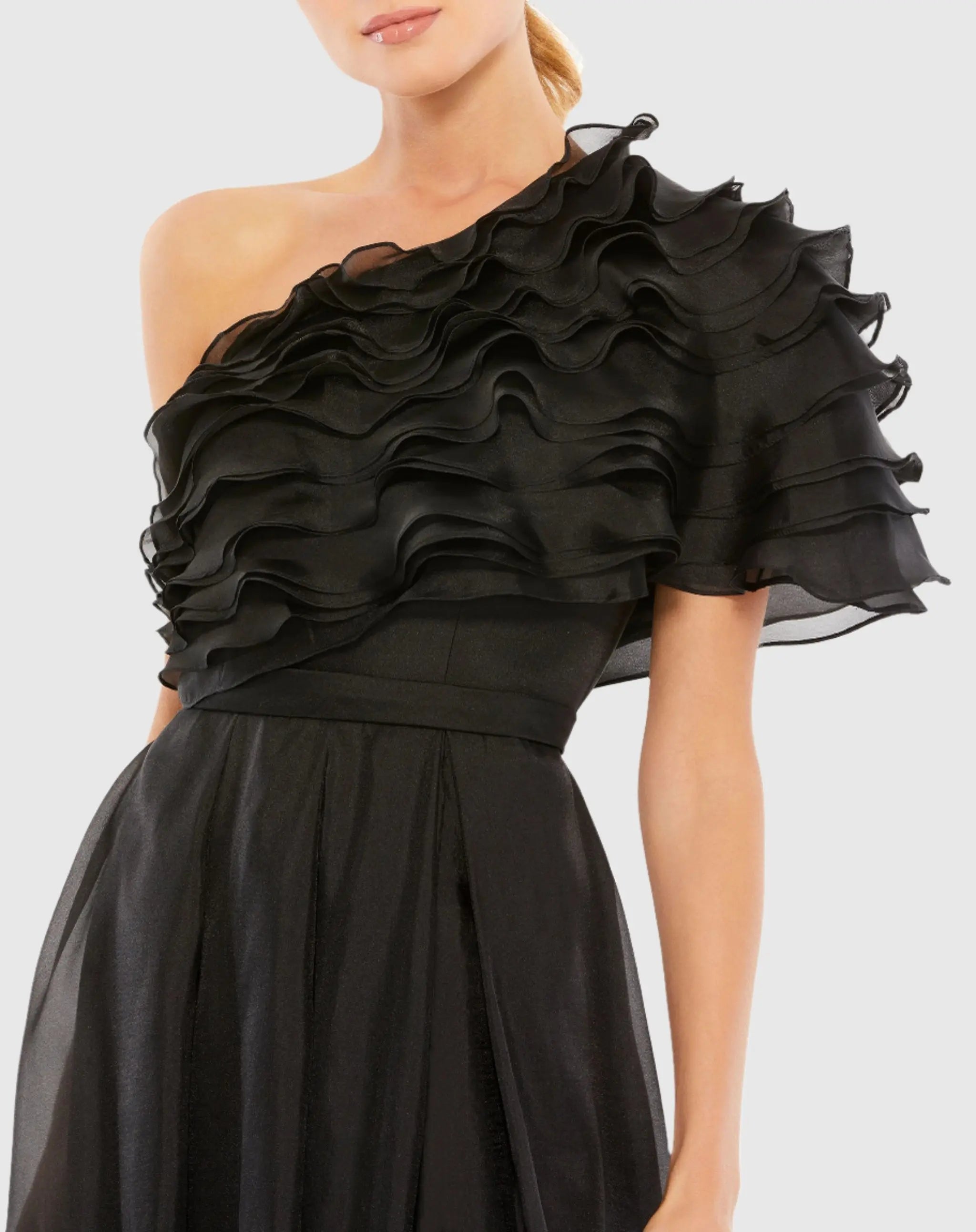 Black Ruffle Layered One Shoulder Gown