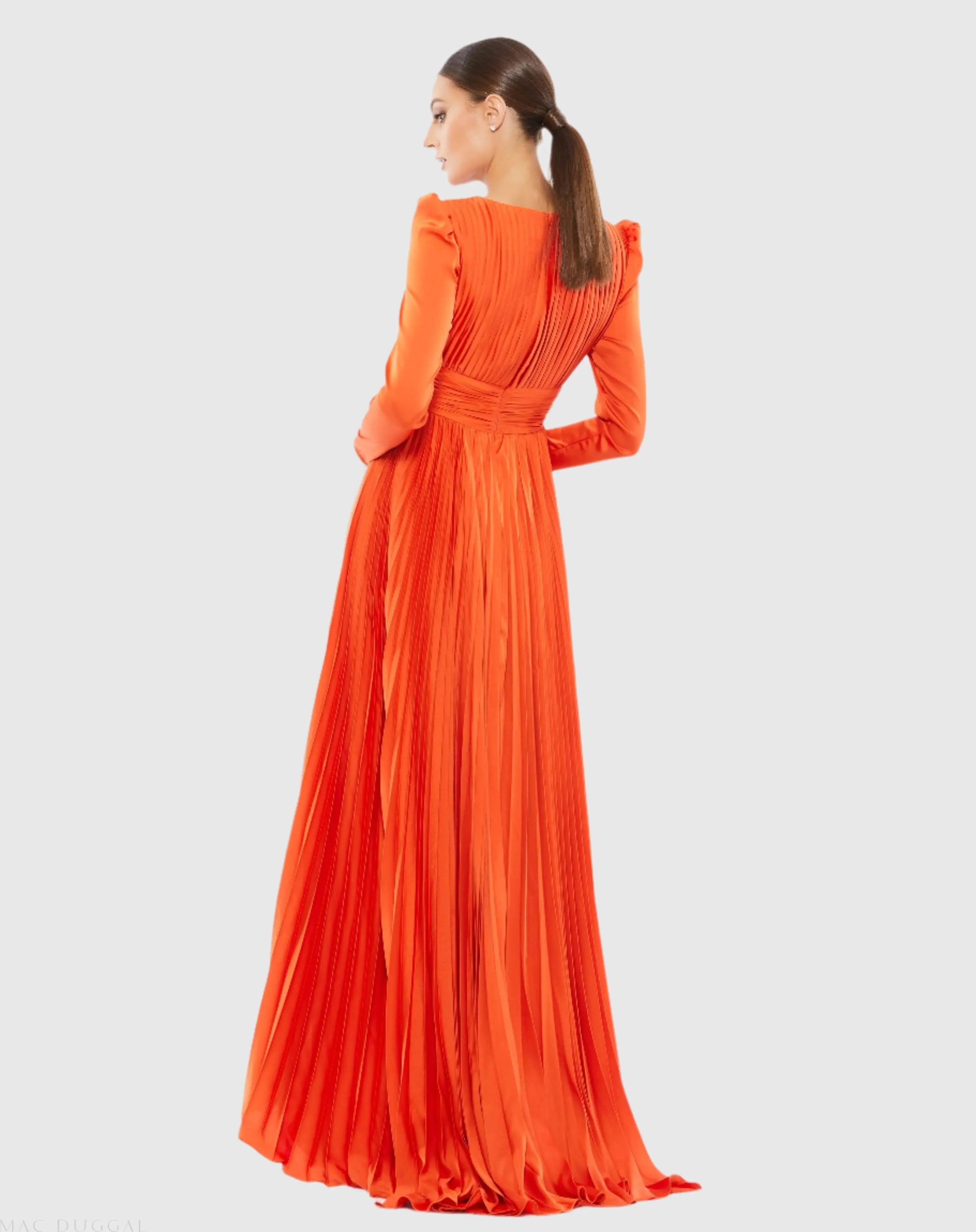 Orange Pleated Long Sleeve V-Neck Gown