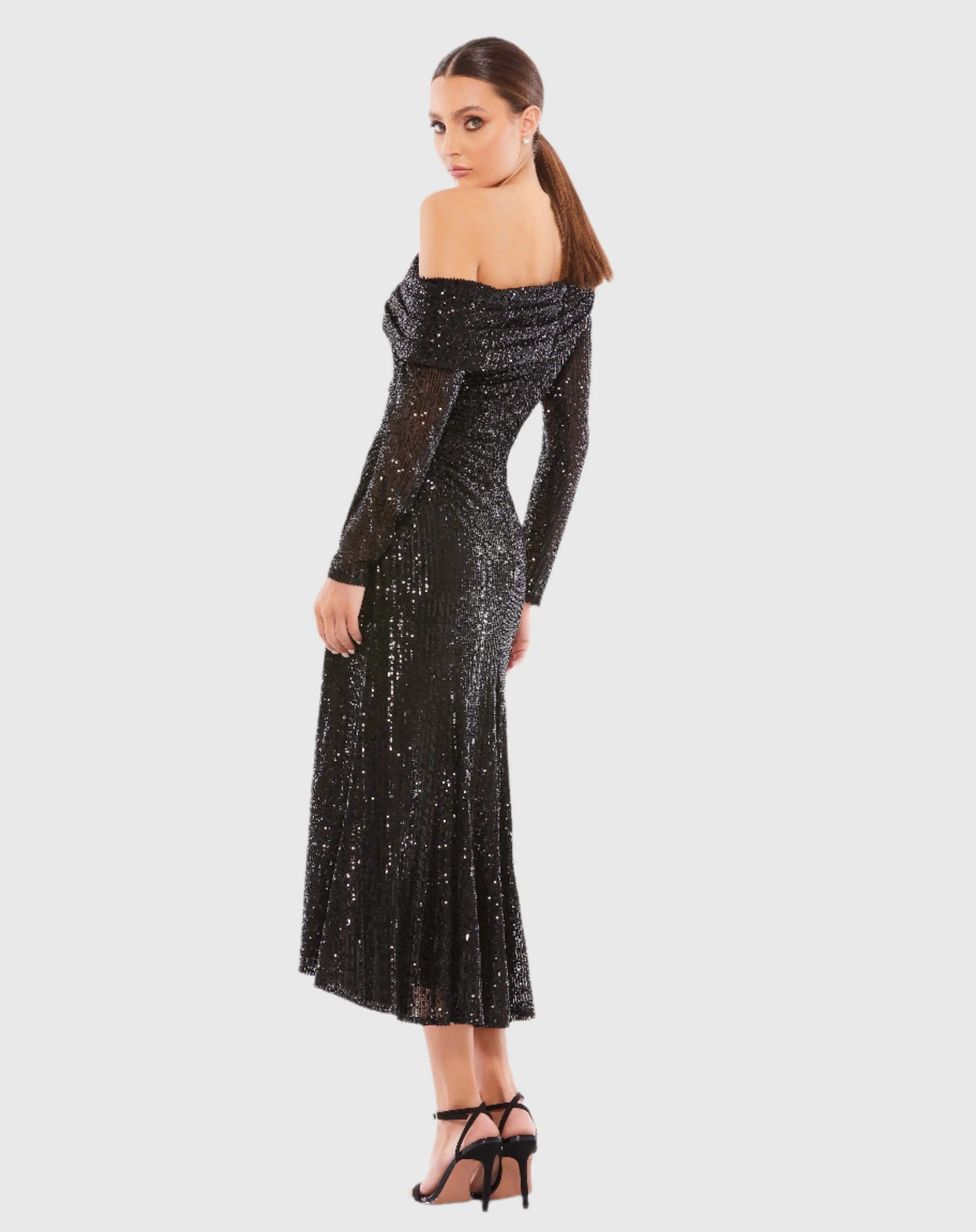 Black One Shoulder Sequin Long Sleeve Midi Dress
