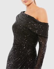 Black One Shoulder Sequin Long Sleeve Midi Dress