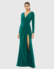 Green V-Neck Long Sleeve High Slit Gown