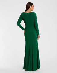 Green Long Sleeve Ruched Jersey V-Neck Gown
