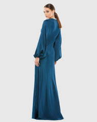 Blue Beaded High Neck Bishop Sleeve Satin Gown